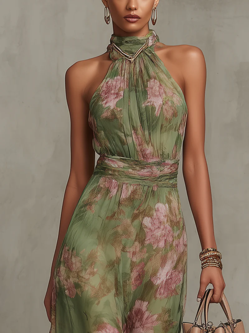 Serena ∙ Vestido largo verde floral de chiffon con escote halter