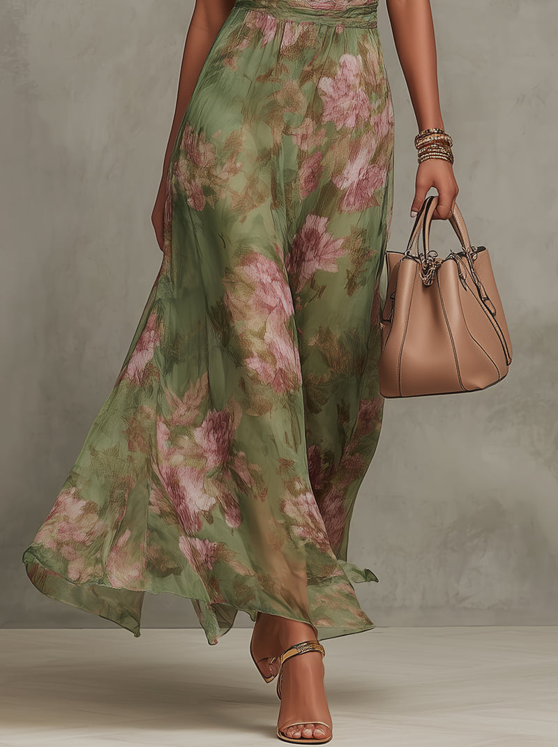 Serena ∙ Vestido largo verde floral de chiffon con escote halter
