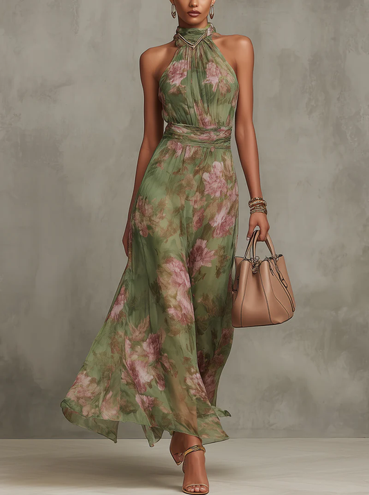 Serena ∙ Vestido largo verde floral de chiffon con escote halter